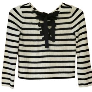 LOFT White And Black Striped Knit Sweater With Lace Up Back Detailing Size Small